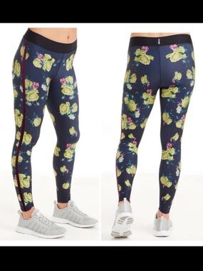 Ultracor X Soul Cycle Navy Blue Floral High Rise Leggings Velvet Racing Stripe